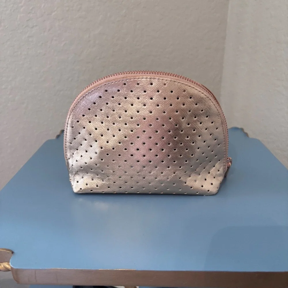 New Michael Kors Cosmetic Pouch Metallic Rose Gold Perforated with Card Holder